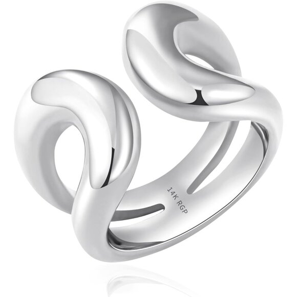 Women's Silver Chunky Bands Ring 14K Real Gold Plated Open Statement Rings - Picture 1 of 6